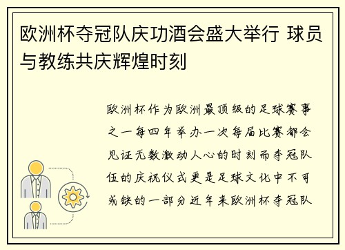 欧洲杯夺冠队庆功酒会盛大举行 球员与教练共庆辉煌时刻