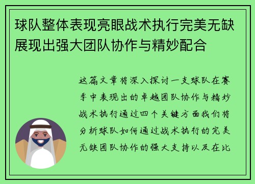 球队整体表现亮眼战术执行完美无缺展现出强大团队协作与精妙配合