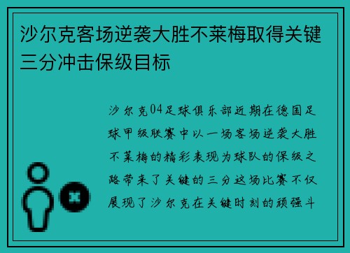 沙尔克客场逆袭大胜不莱梅取得关键三分冲击保级目标