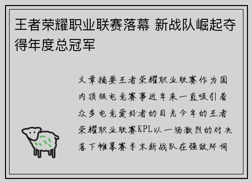 王者荣耀职业联赛落幕 新战队崛起夺得年度总冠军